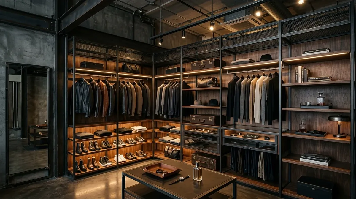 Custom closet with dedicated shoe wall and boutique-inspired display lighting.
