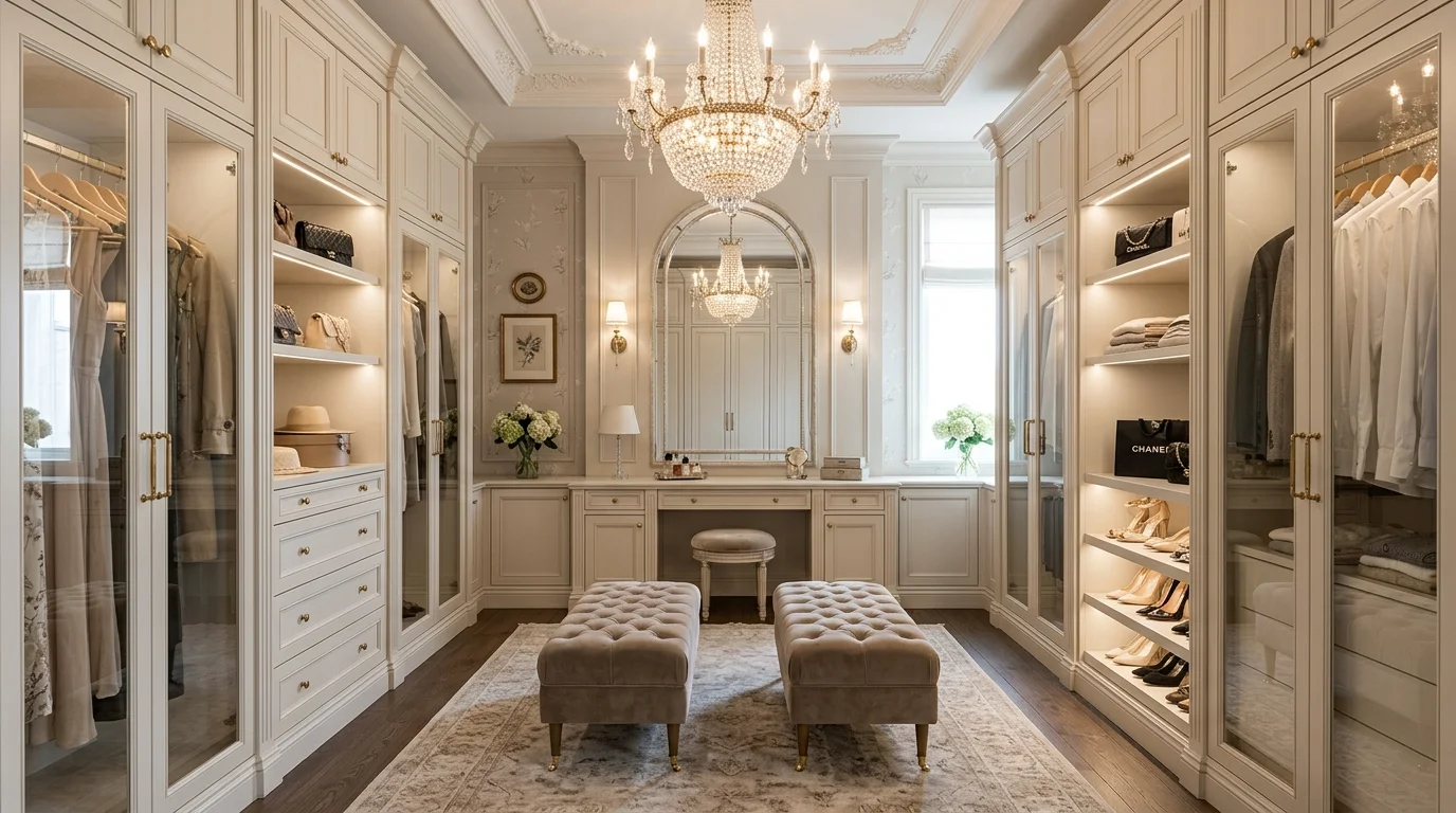Walk-in closet with full-height mirrors and bright flattering layered illumination.