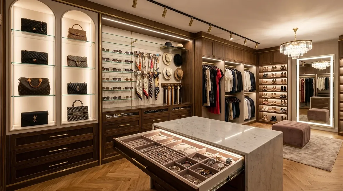 Custom closet island with glass display top and refined accessory storage.