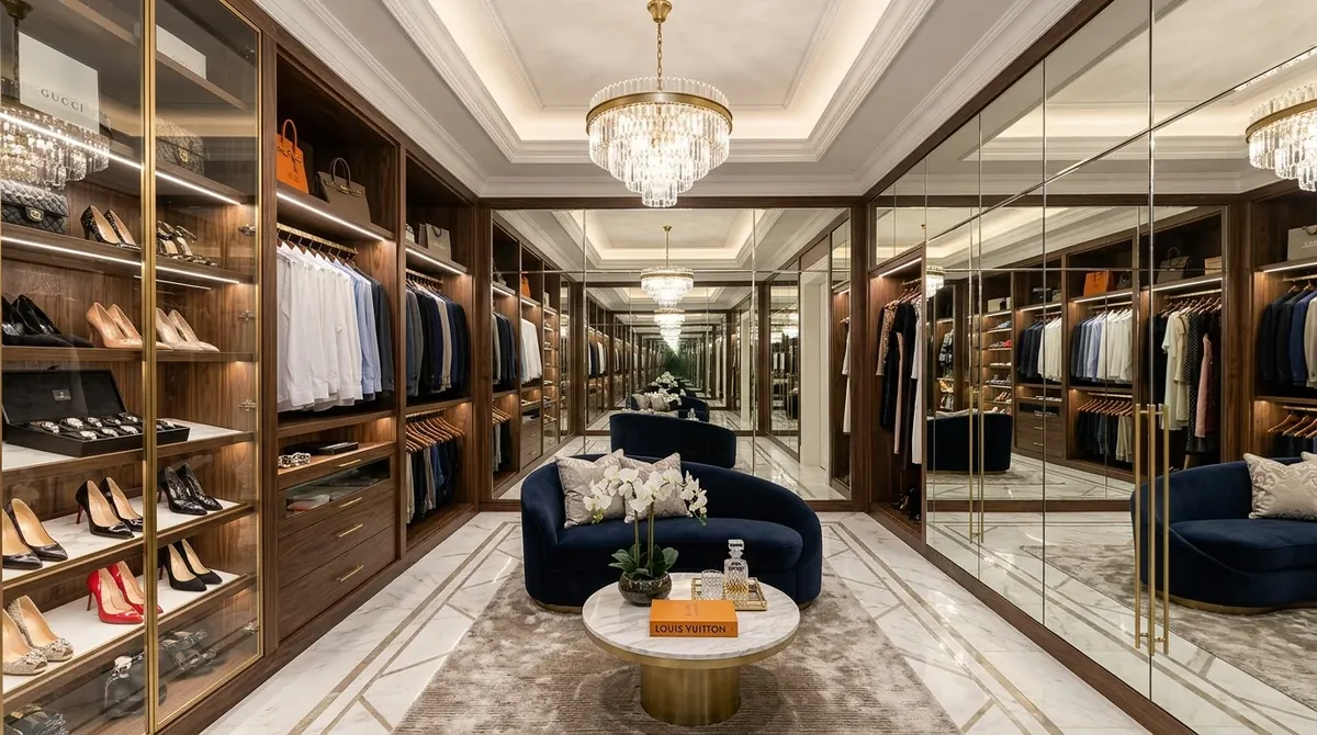 Elegant walk-in closet in soft beige tones with serene hotel-like polish.