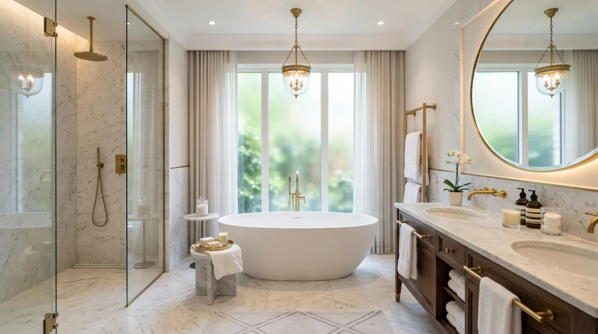 Luxury en suite bathroom with freestanding oval tub, marble floors, gold fixtures, and soft ambient lighting.
