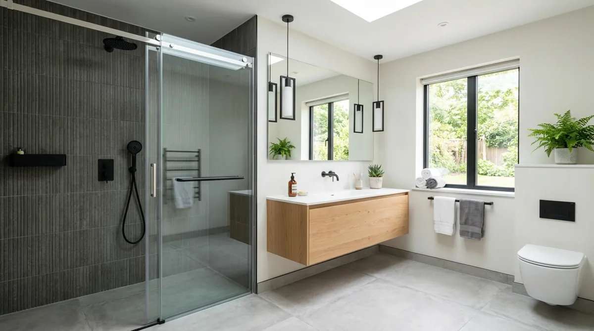 Modern en suite bathroom with walk-in glass shower, floating vanity, black fixtures, and large mirrors.