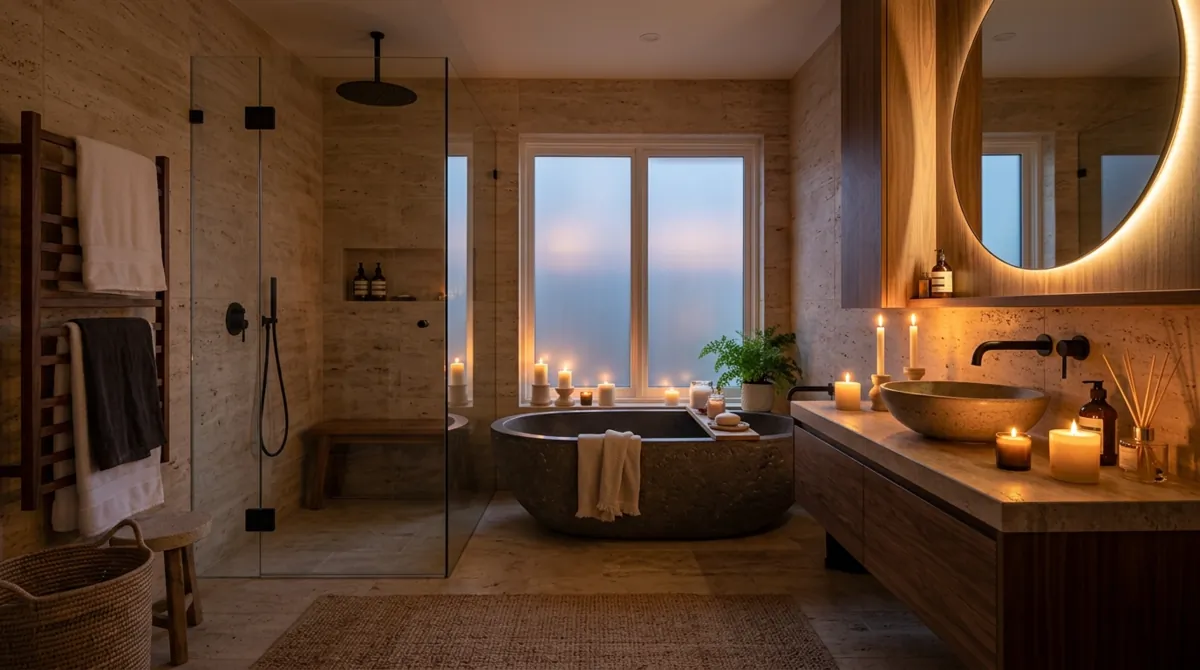 Spa-inspired en suite bathroom with stone textures, wood accents, rainfall shower, and candle lighting.