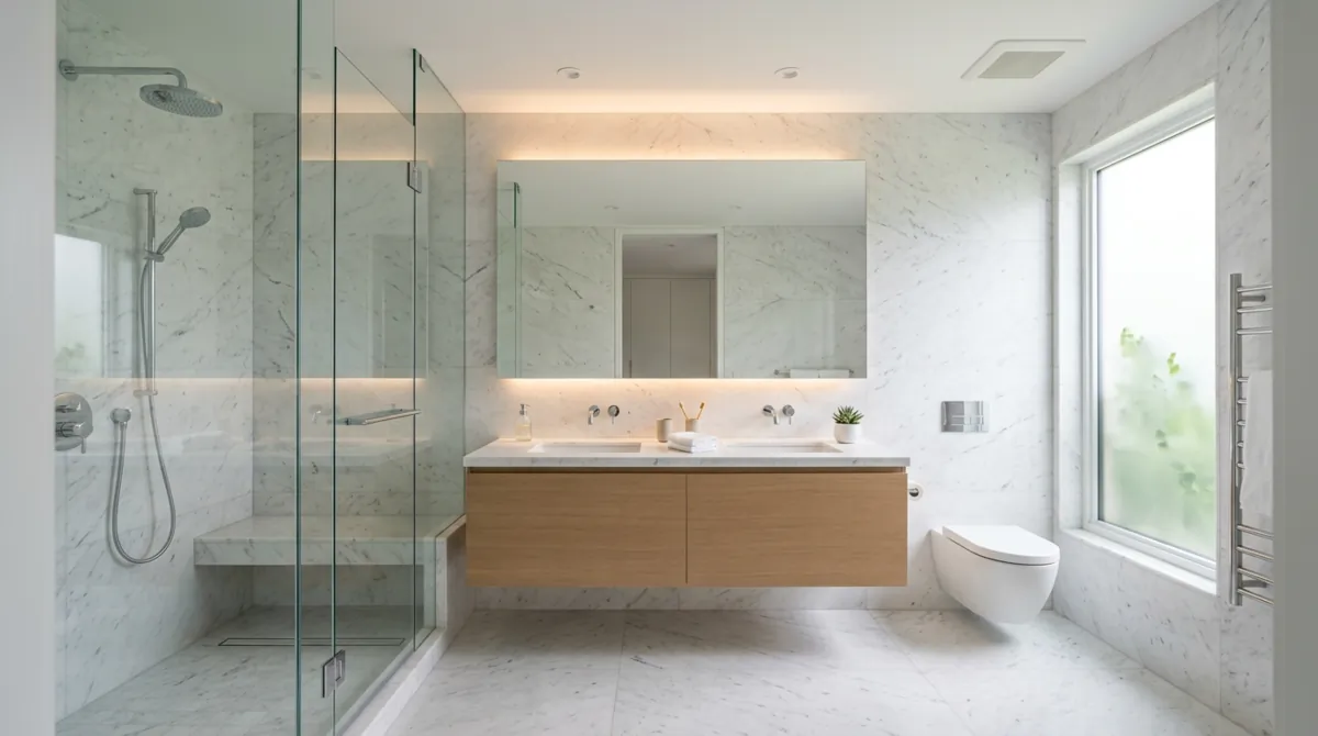 Minimal en suite bathroom with white marble walls, frameless shower, and soft diffused lighting.