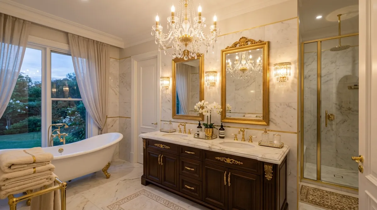 Luxury en suite bathroom with double sinks, marble counters, chandelier, and gold accents.