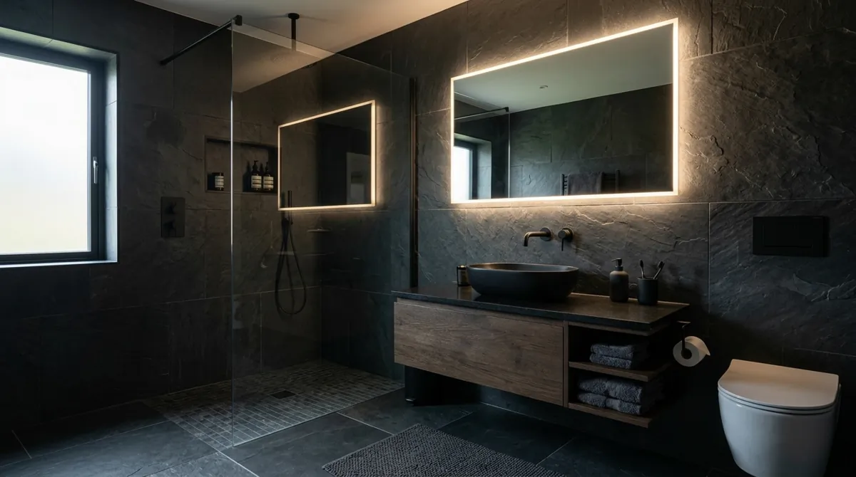 Contemporary en suite bathroom with dark slate tiles, black fixtures, LED mirror lighting, and moody atmosphere.