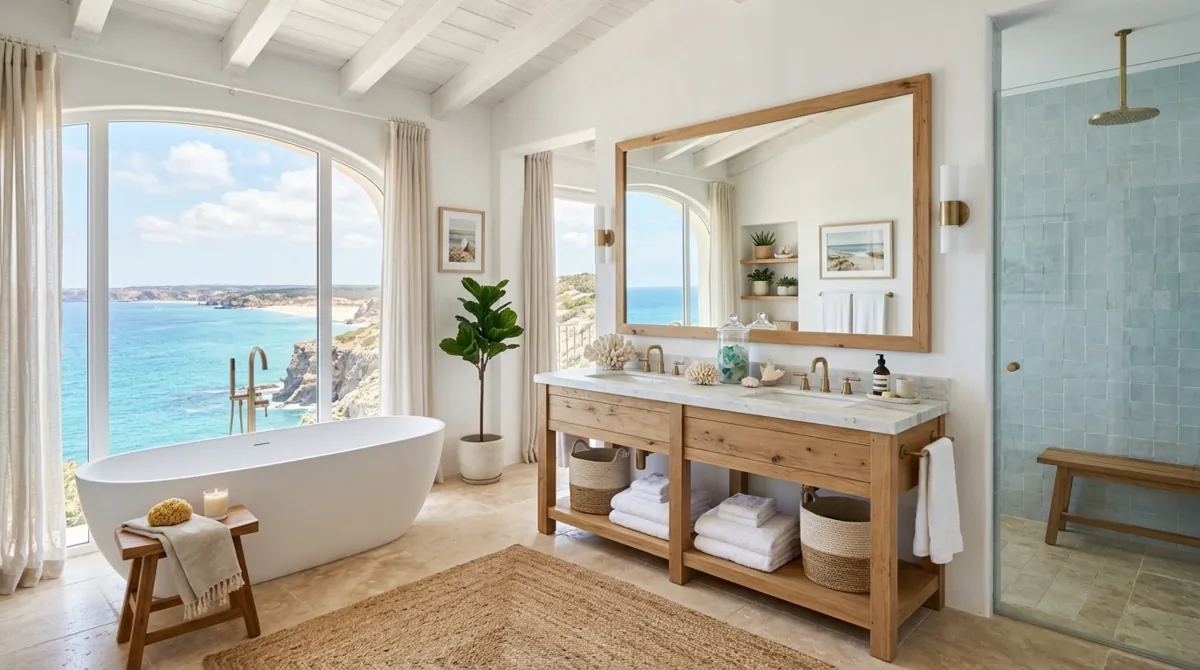 Coastal spa bathroom with sandy tones, wood vanity, ocean-inspired decor, and airy sunlight.