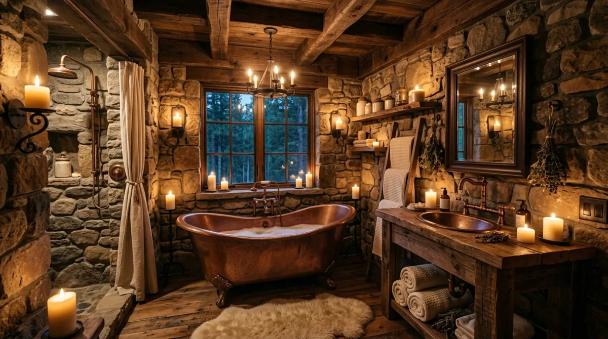 Rustic en suite bathroom with stone walls, wood beams, copper fixtures, and candle glow.