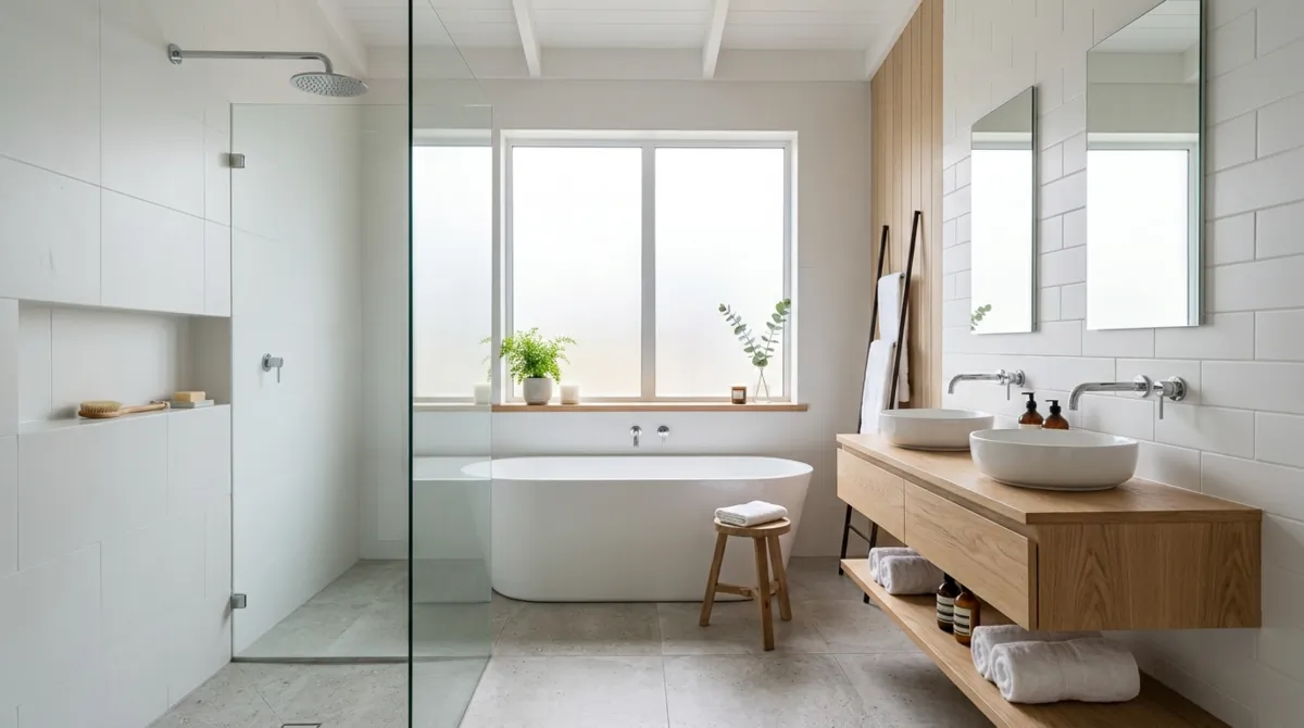Scandinavian en suite bathroom with white tiles, light wood accents, and natural daylight.