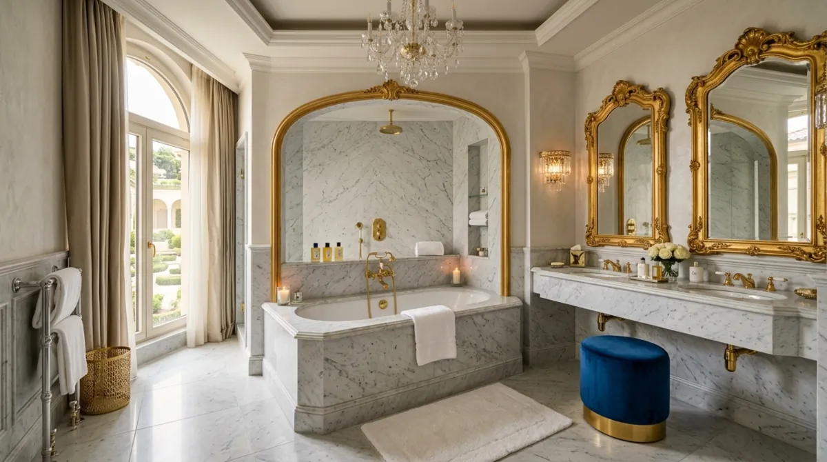 Glamorous en suite bathroom with marble tub surround, gold mirrors, velvet stool, and elegant lighting.