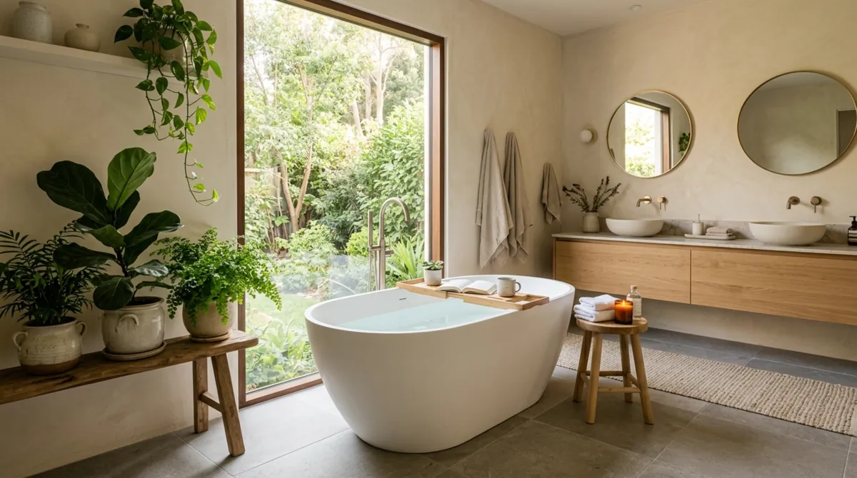 Modern spa en suite with soaking tub by the window, plants, neutral palette, and soft light.