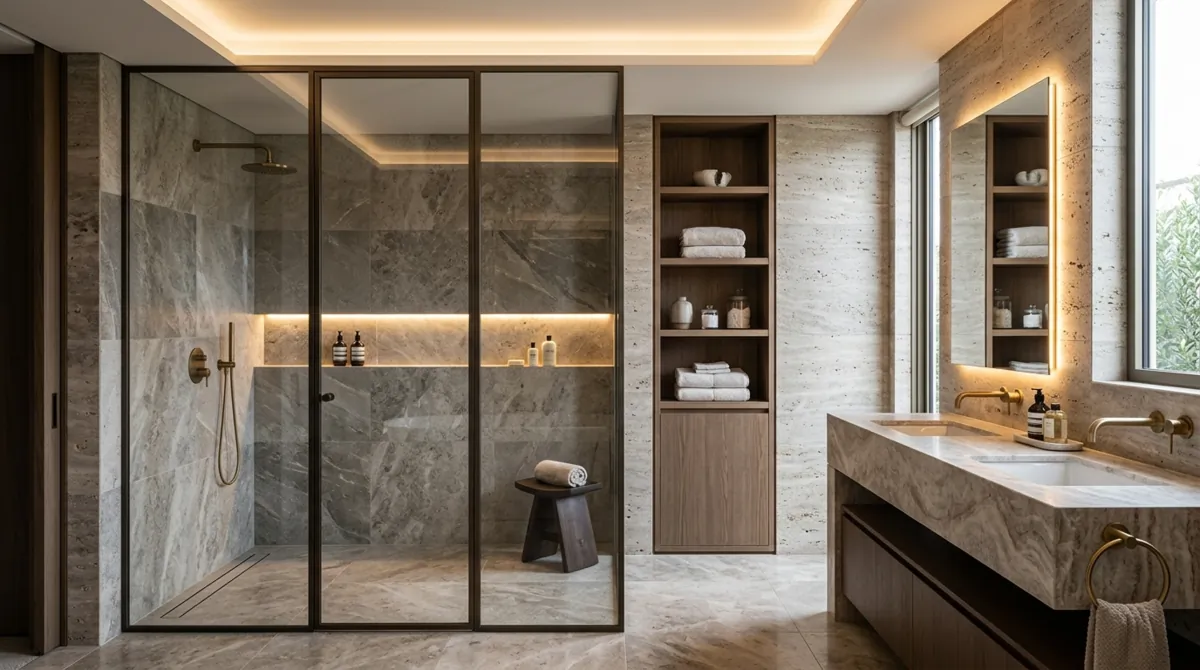 High-end en suite bathroom with walk-in shower, built-in shelving, stone finishes, and recessed lighting.