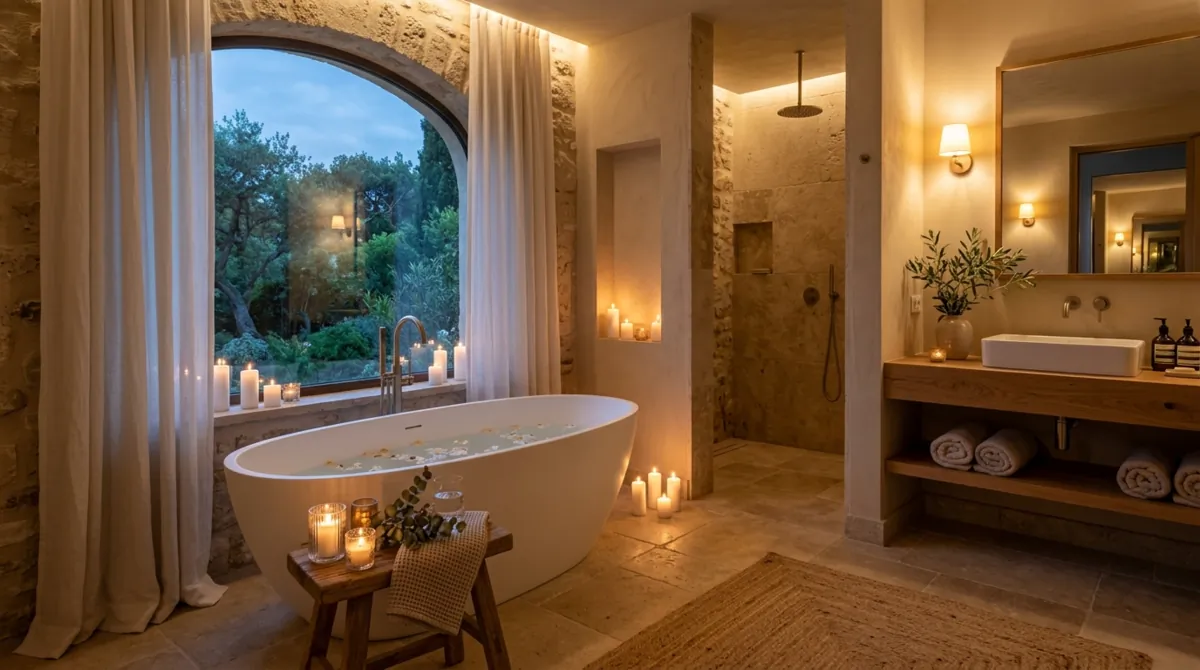 Serene luxury bathroom with freestanding tub, linen curtains, candles, and natural stone finishes.