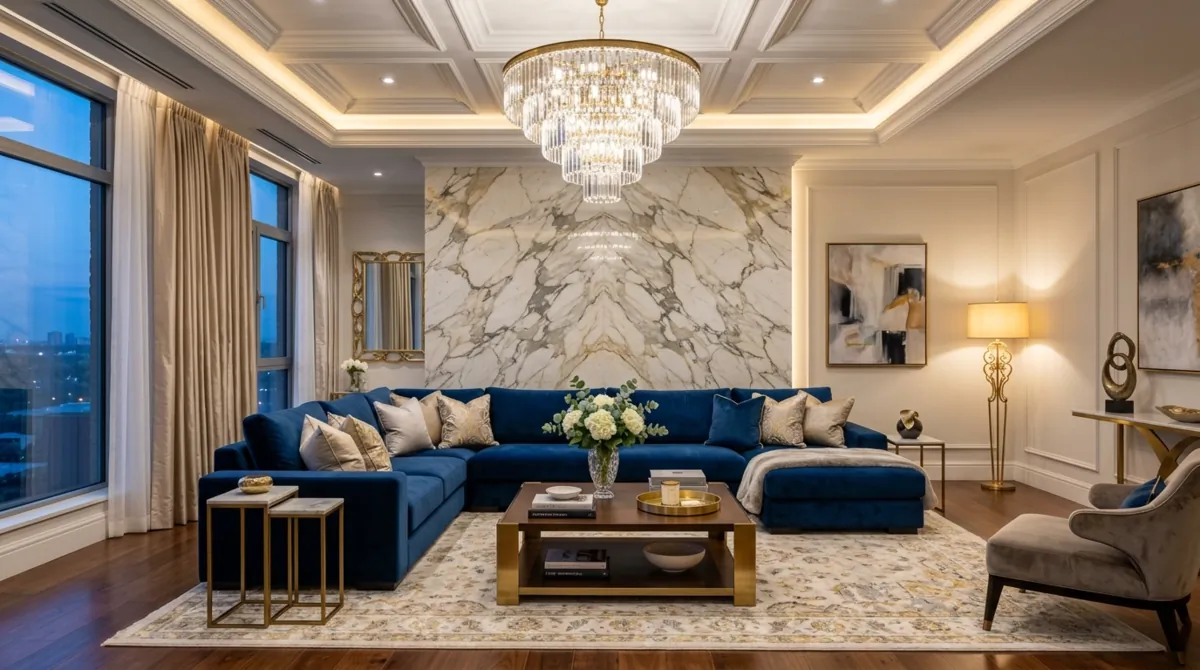 Luxury living room with marble feature wall, velvet sectional, gold accents, and crystal chandelier.