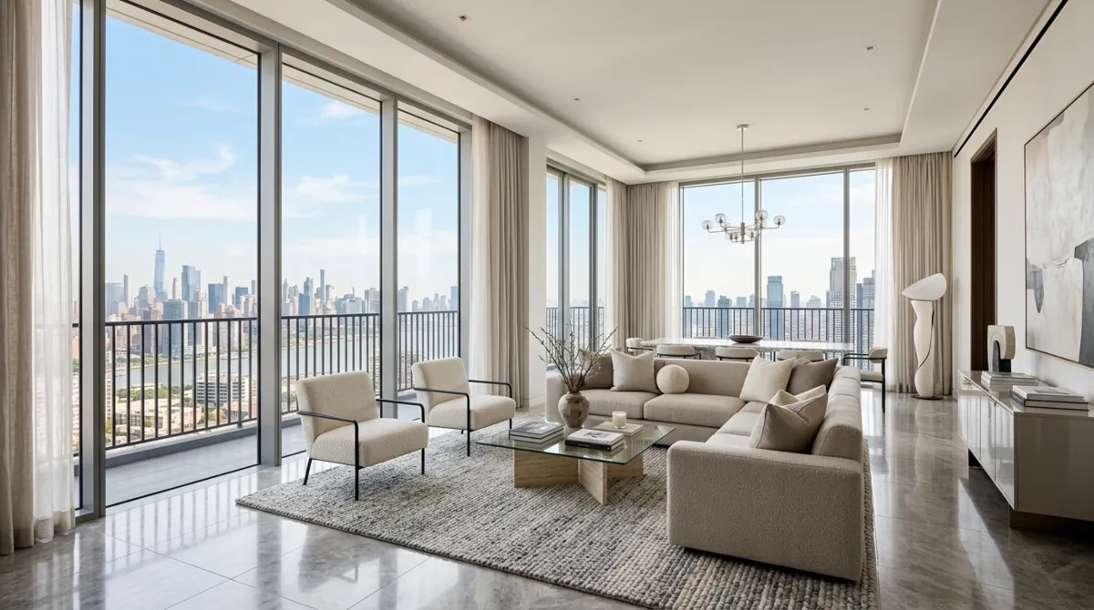 Modern luxury living room with floor-to-ceiling windows, city view, and designer furniture.