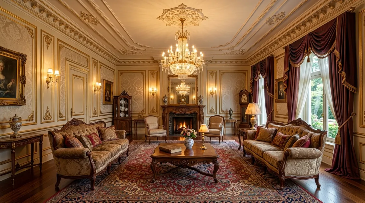 Classic luxury living room with ornate ceiling, antique furniture, silk drapes, and Persian rug.