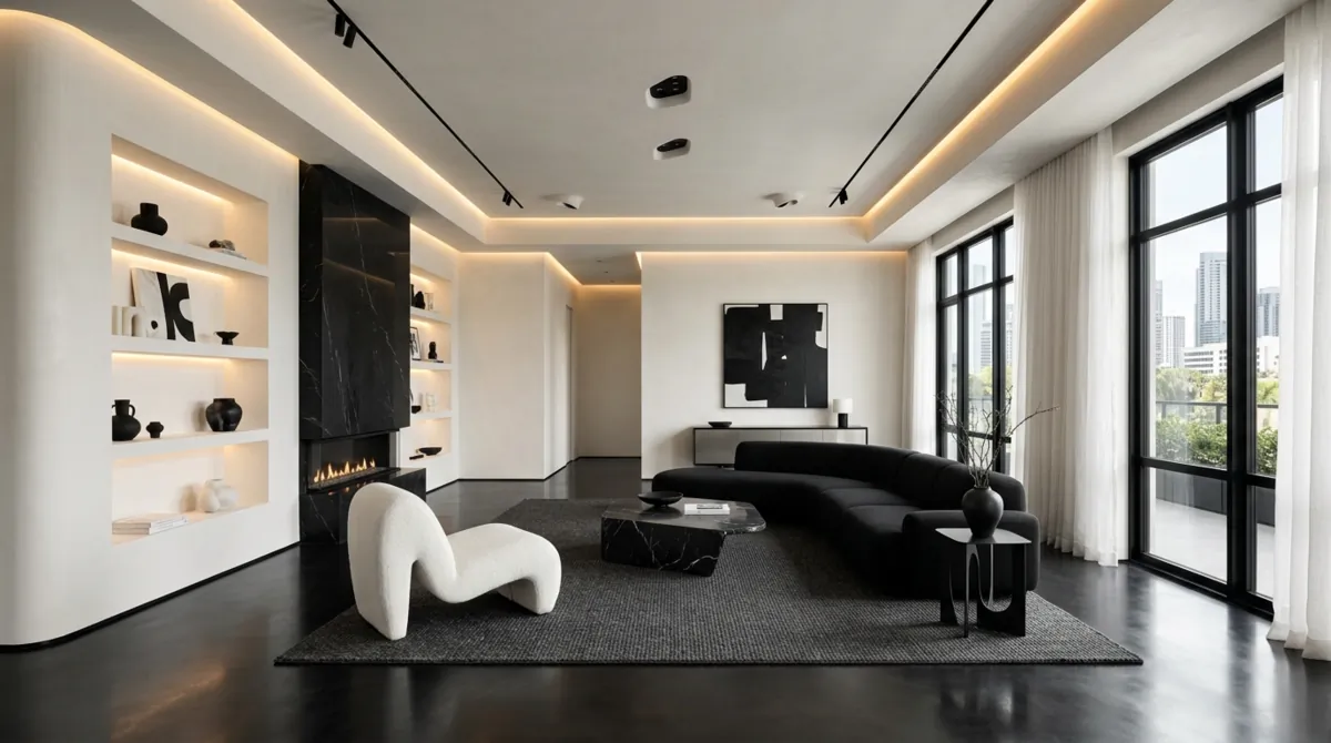 Contemporary luxury living room with sculptural furniture, black and white palette, and hidden lighting.