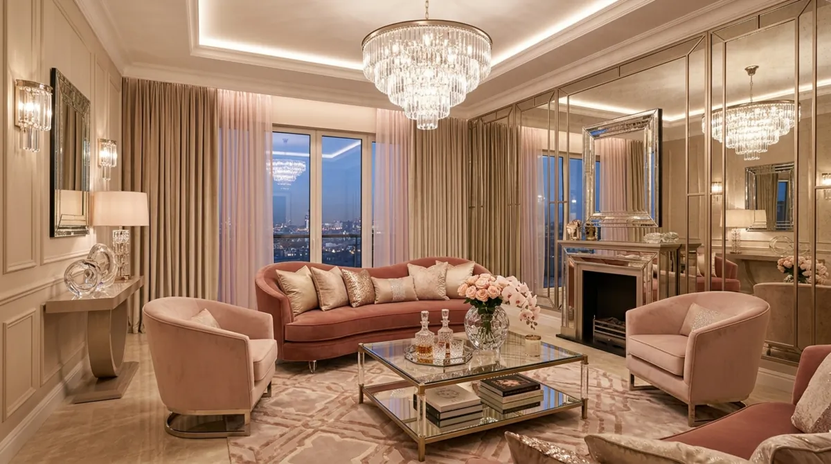 Glam luxury living room with mirrored wall panels, crystal decor, and blush champagne tones.