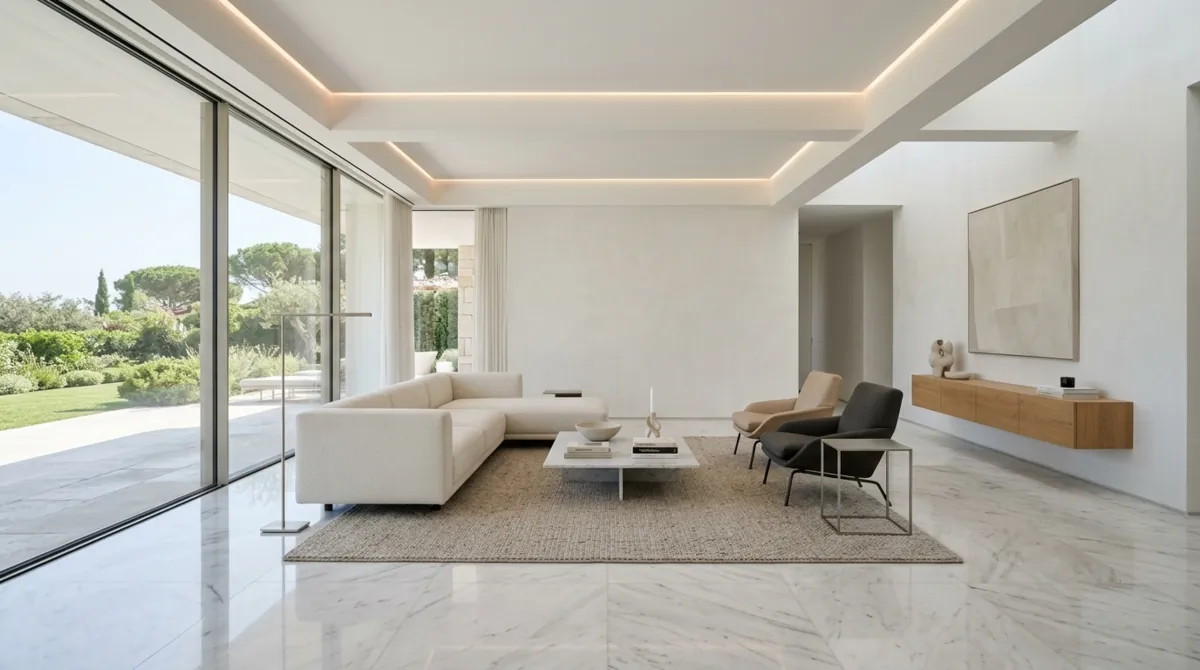 Minimal luxury living room with white marble floors, low furniture, and neutral palette.