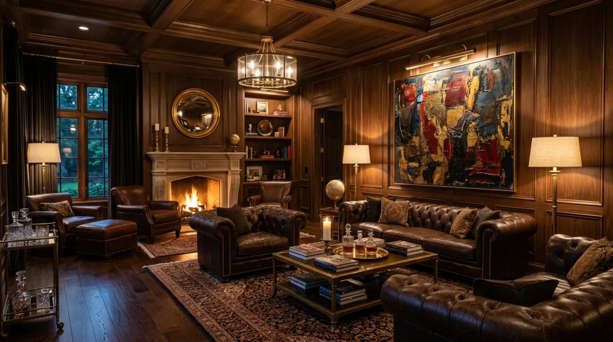 Luxury living room with dark wood paneling, leather sofas, brass fixtures, and abstract art.