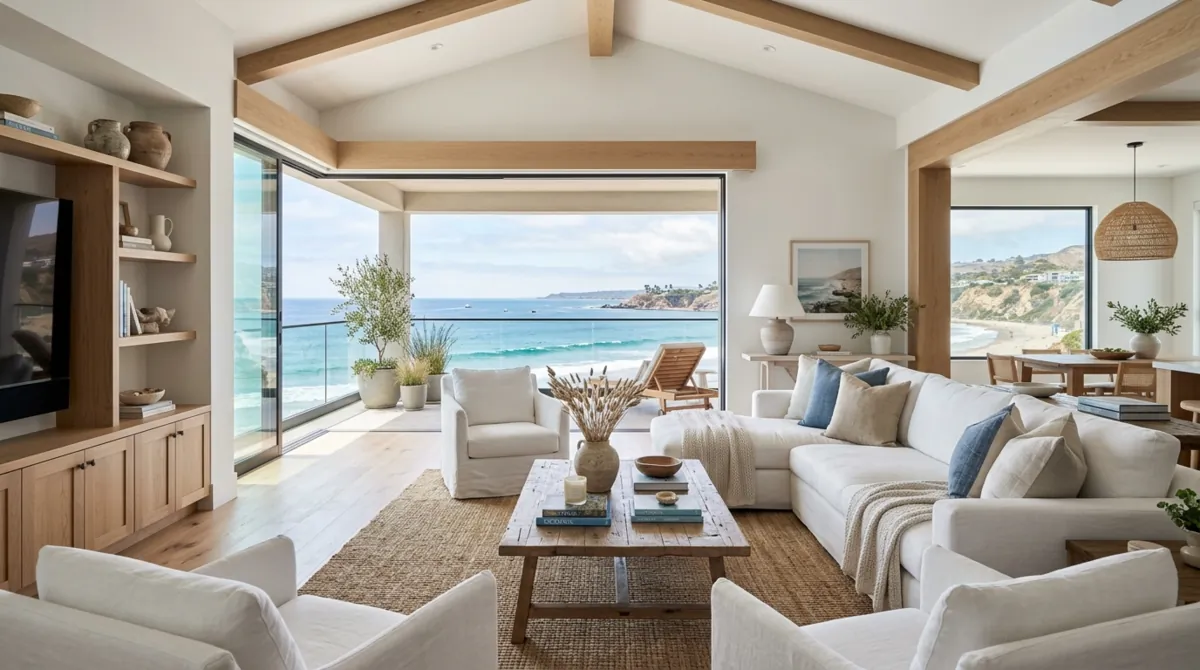 Coastal luxury living room with white linen furniture, ocean view, and natural wood accents.