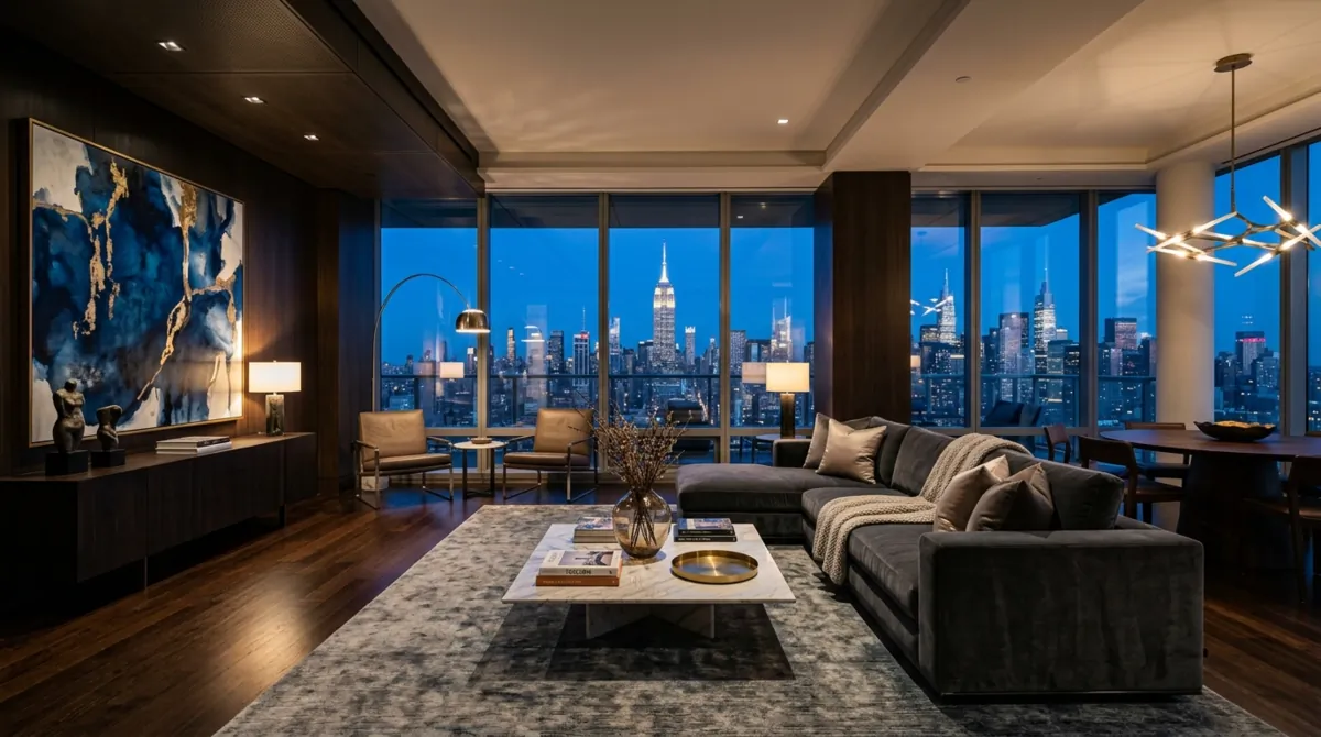 Luxury penthouse living room with glass walls, designer furniture, art, and skyline glow.