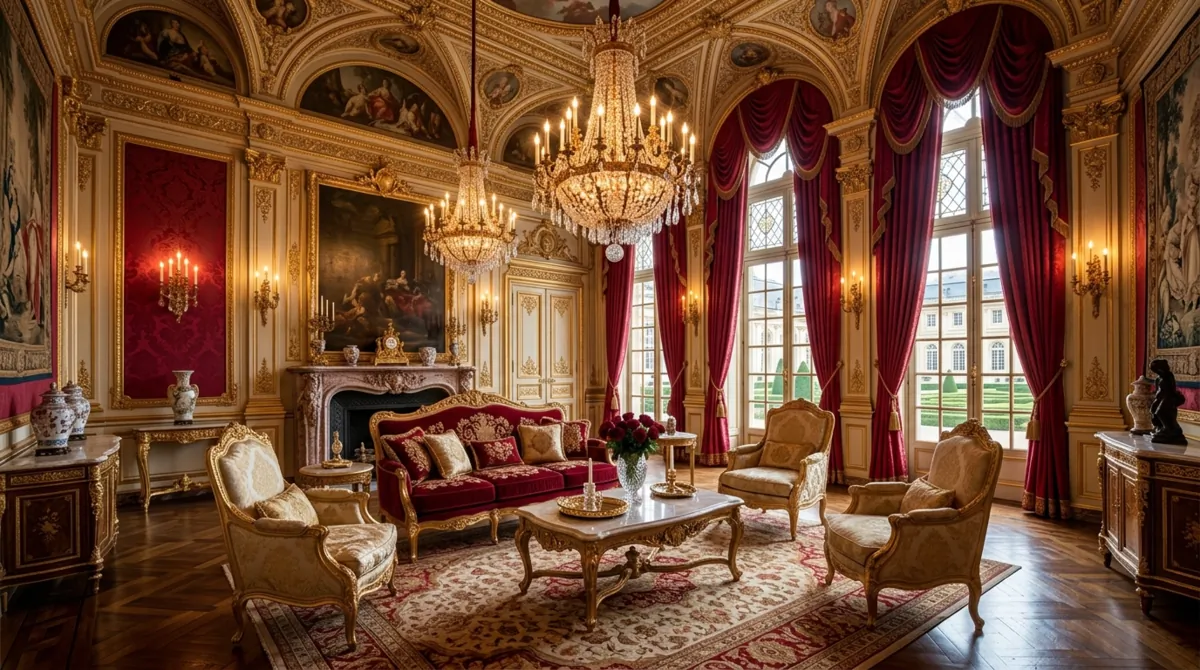 Royal luxury living room with gold-trimmed furniture, chandeliers, and red cream palette.