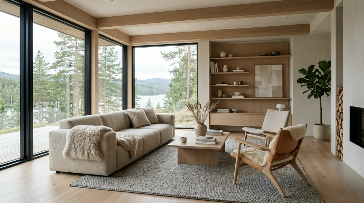 Scandinavian luxury living room with light wood, minimalist furniture, wool textures, and large windows.