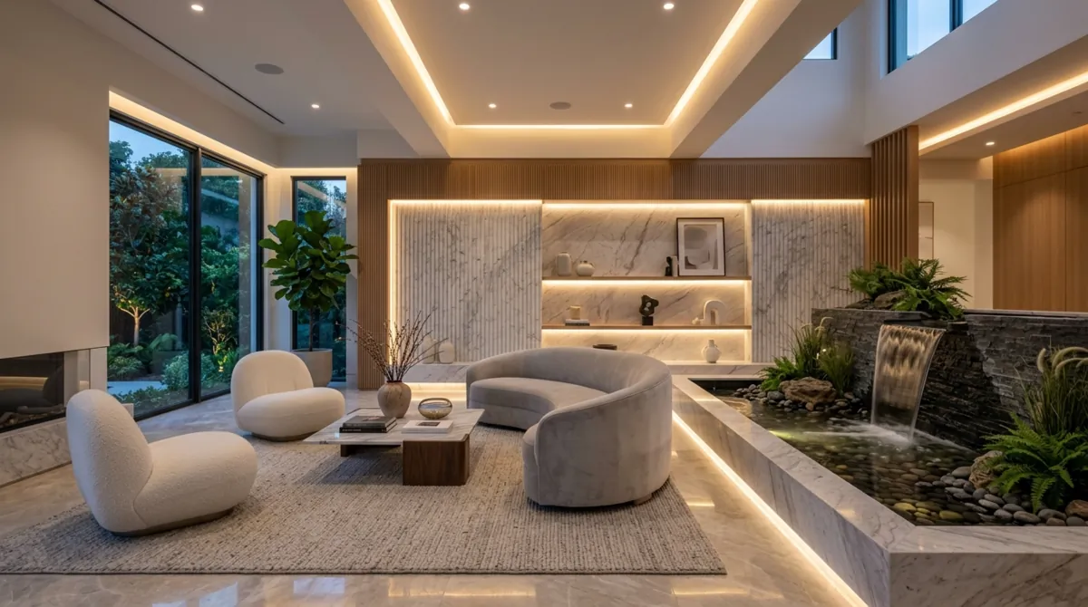 Luxury living room with indoor water feature, marble accents, sculptural seating, and LED lighting.