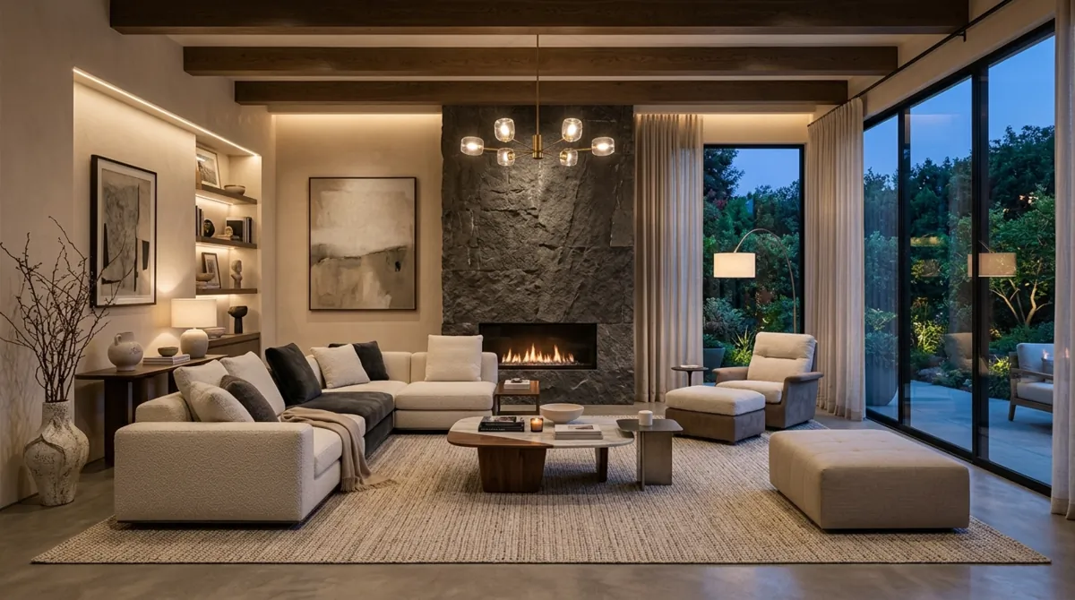 Contemporary luxury living room with statement fireplace, modular seating, and layered textures.