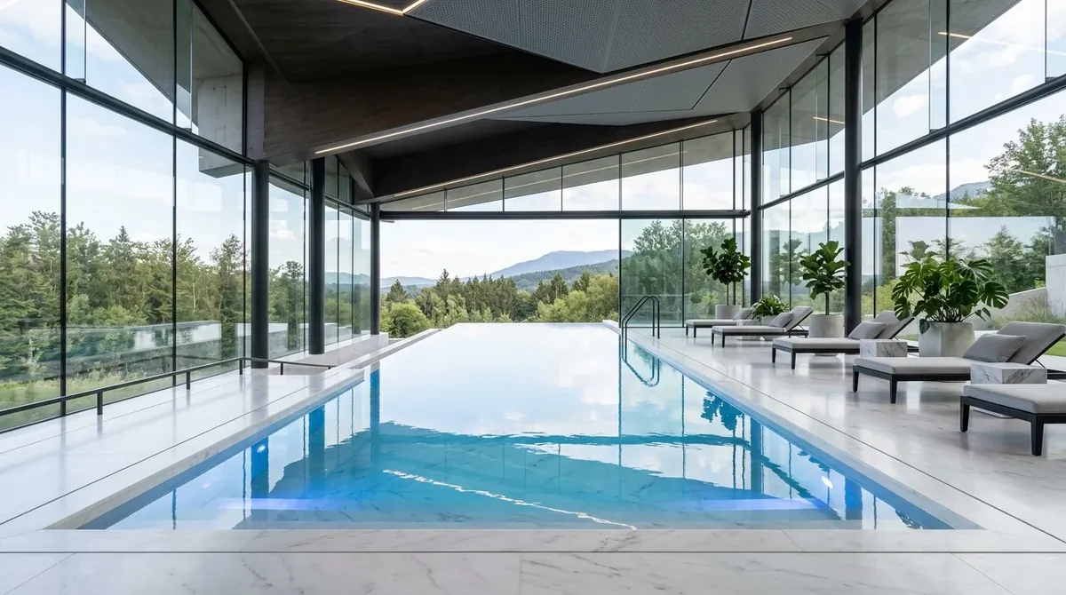 Modern indoor pool with glass walls, white marble deck, soft underwater lighting, and sleek luxury architecture.