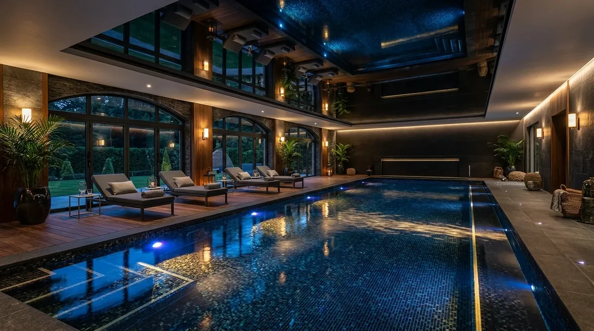 Luxury indoor pool with dark mosaic tiles, dramatic lighting, mirrored ceiling reflections, and elegant chaise seating.