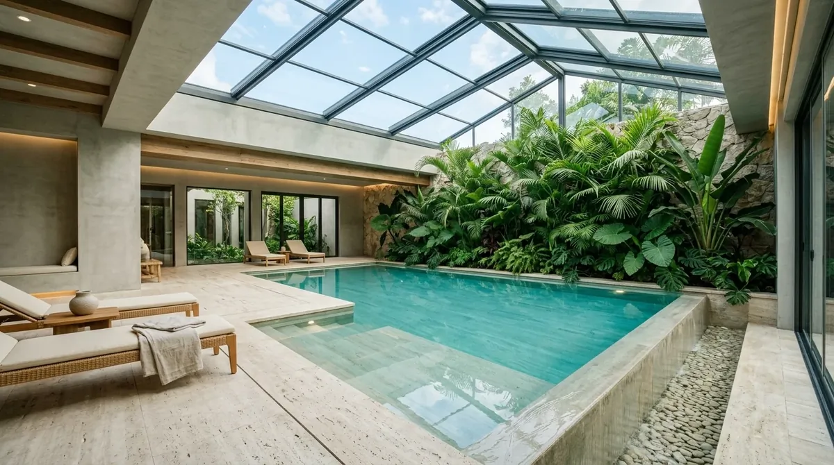 Contemporary indoor pool with glass roof skylight, stone flooring, tropical plants, and serene spa-like atmosphere.