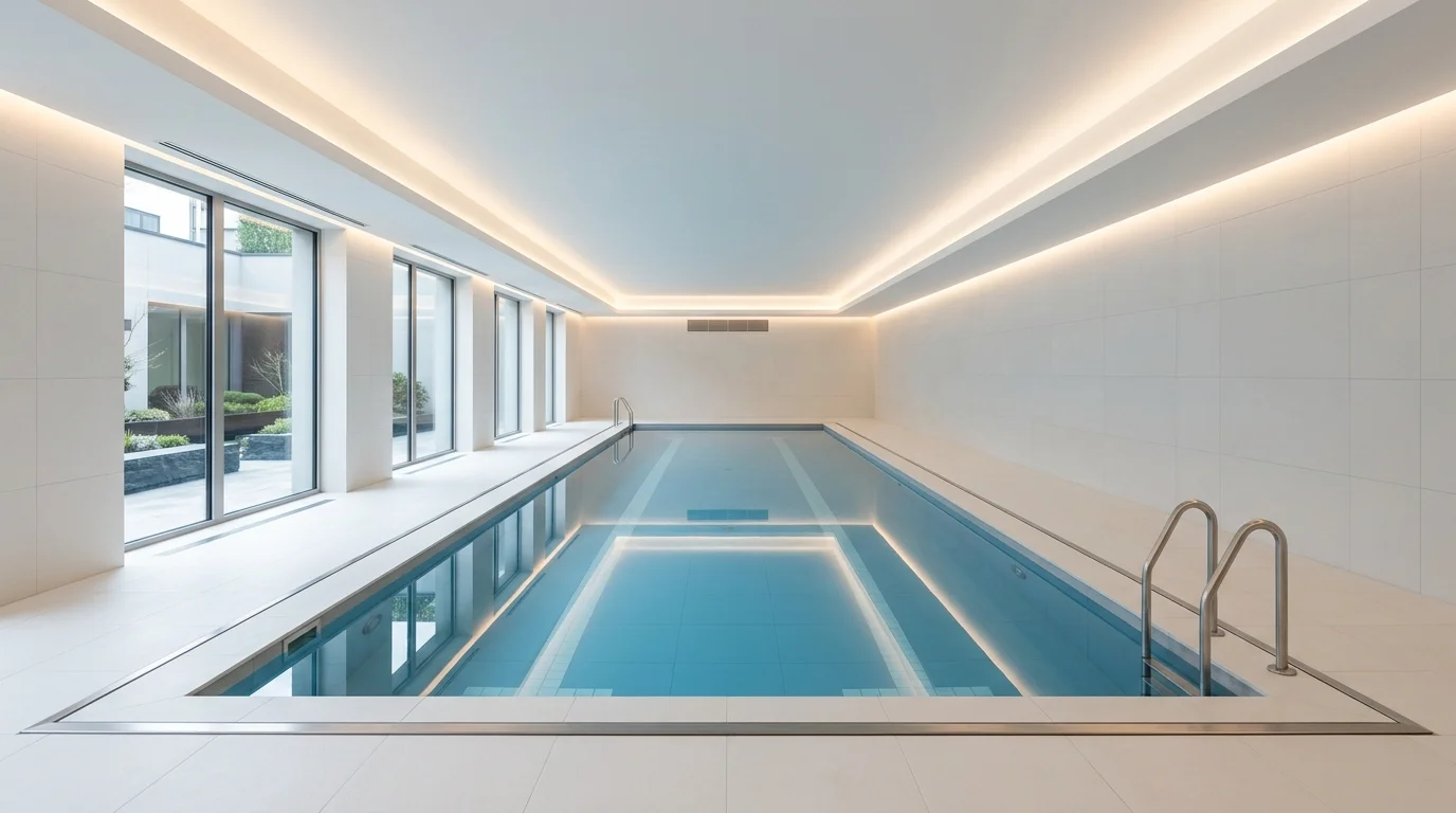 Minimalist indoor lap pool with long rectangular shape, matte white surroundings, hidden LED lines, and clean architecture.