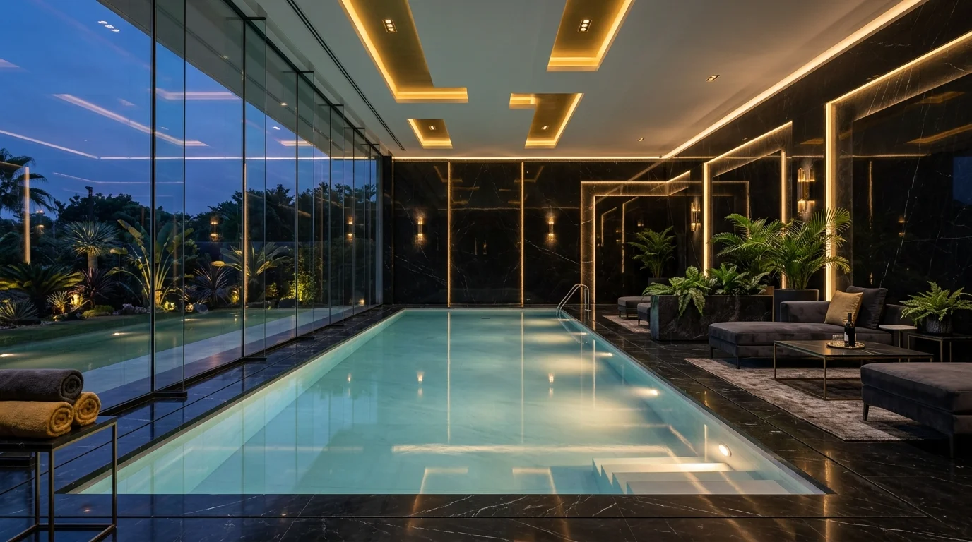High-end indoor pool with black marble finishes, gold accent lighting, floating glass walls, and luxury lounge area.