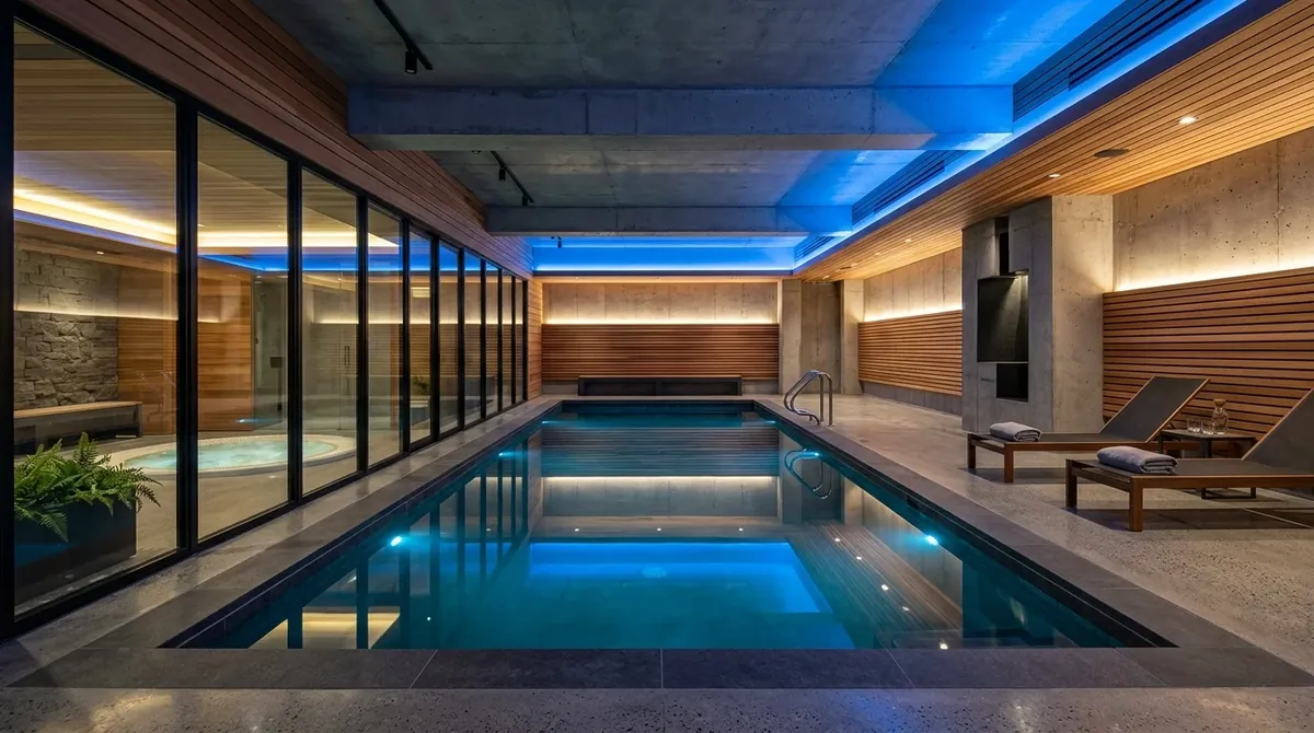 Modern basement indoor pool with blue ambient lighting, concrete walls, warm wood accents, and sleek reflective water.