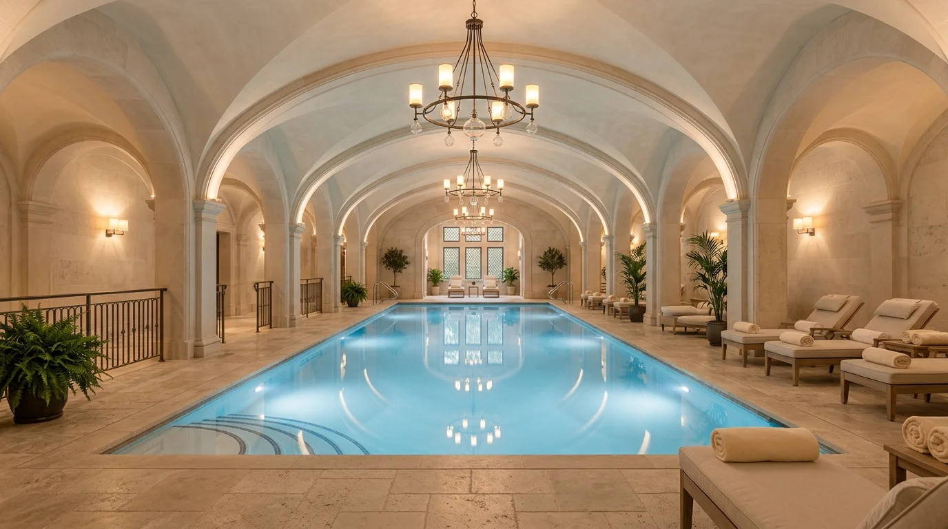 Elegant indoor pool with arched ceiling, stone tile, chandelier lighting, and spa-inspired calm symmetry.