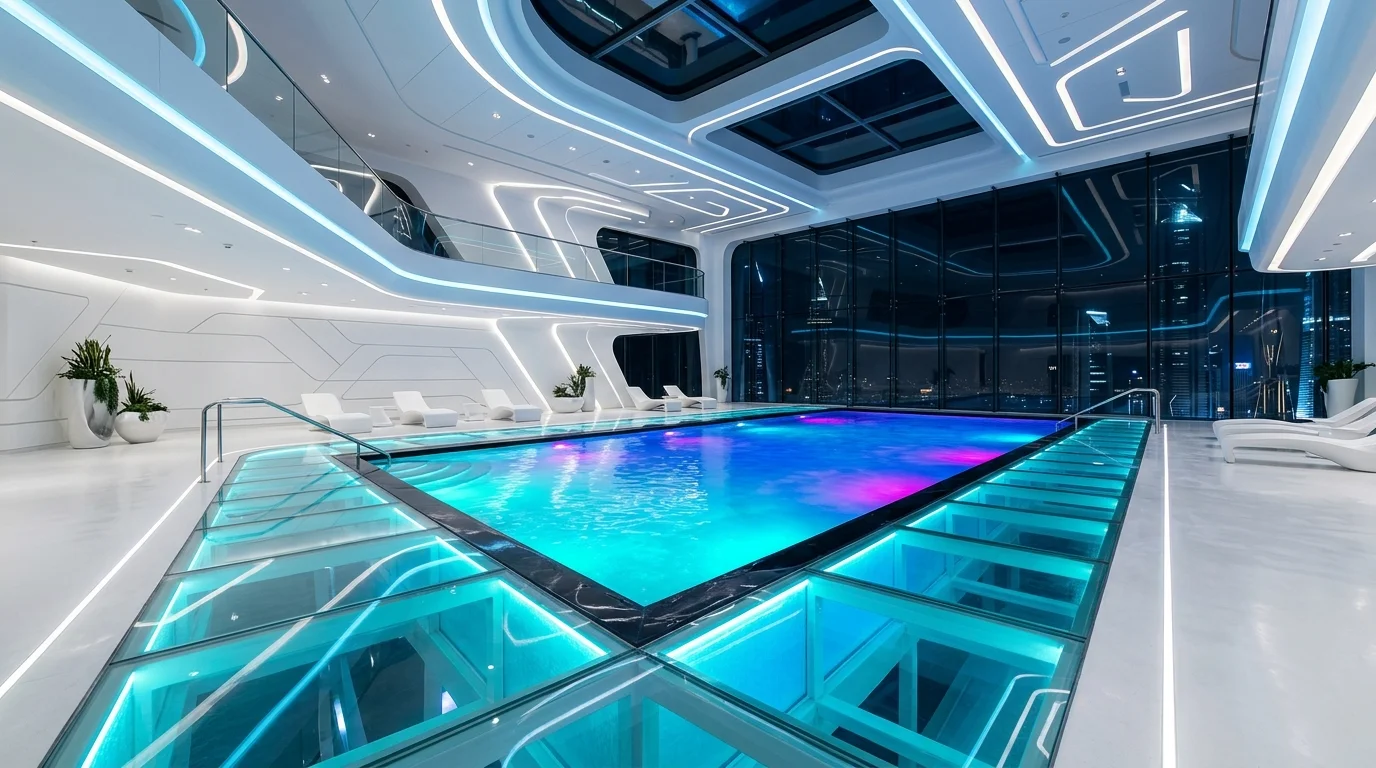 Futuristic indoor pool with glowing LED water effects, glass edges, white surroundings, and sci-fi inspired luxury style.