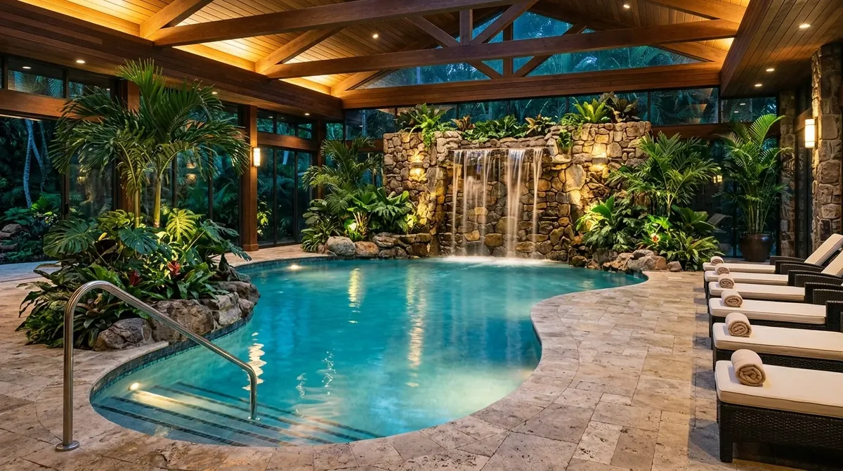 Resort-style indoor pool with waterfall wall, tropical greenery, stone textures, and warm golden luxury lighting.