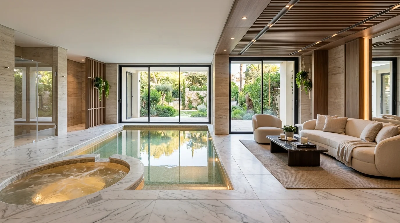 Compact luxury indoor pool with integrated hot tub, marble floor, glass doors, and elegant lounge seating.