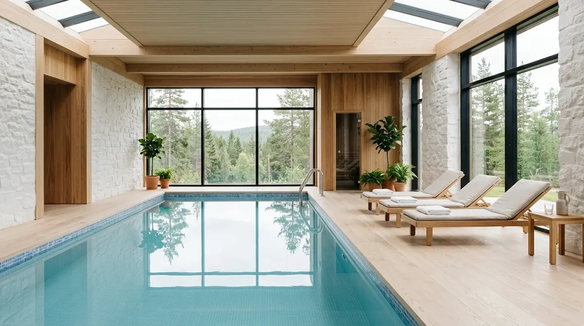 Scandinavian indoor pool with wood decking, white stone walls, large windows, and bright natural daylight.