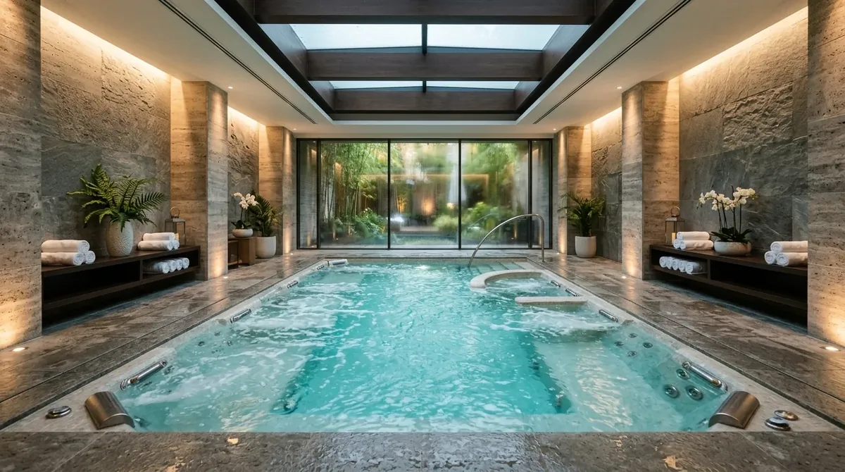 Contemporary spa pool with hydrotherapy jets, textured stone tiles, recessed lighting, and serene architectural symmetry.