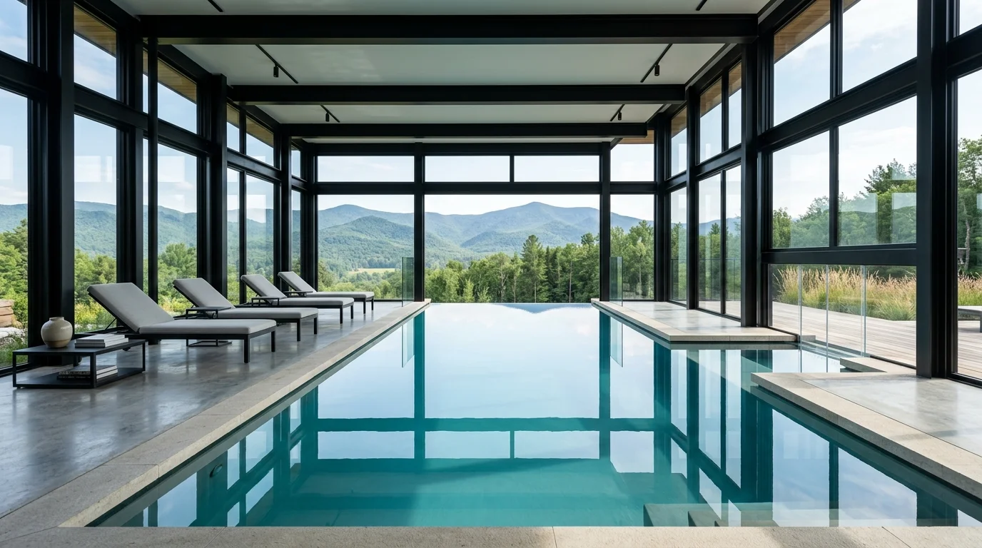Glass-enclosed indoor pool room with panoramic views, reflective water, black framing, and minimalist furniture accents.