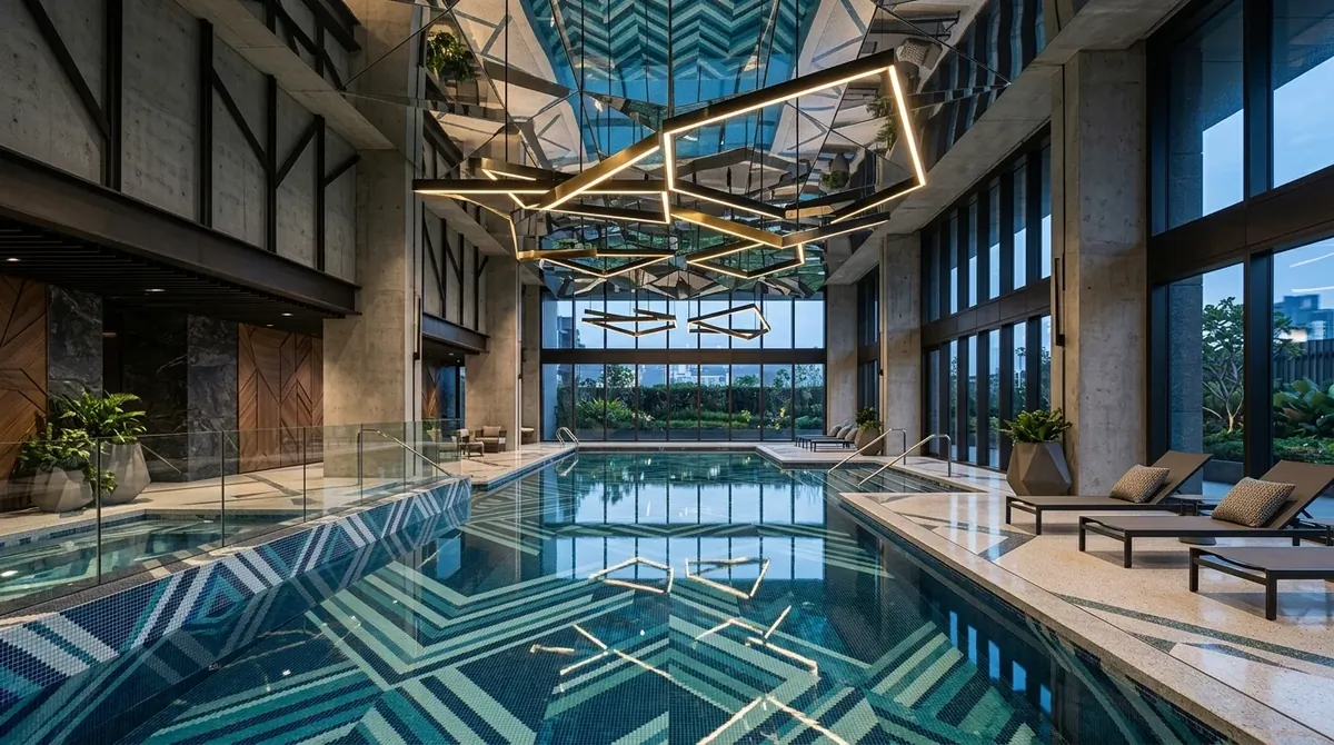 Modern artistic indoor pool with geometric tile, sculptural lighting, reflective ceiling panels, and dramatic luxury styling.