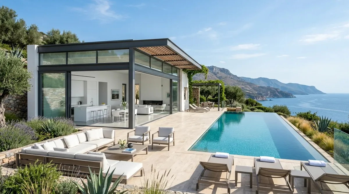 Luxury pool house with glass walls, minimalist interior, lounge seating, and open connection to pool deck.