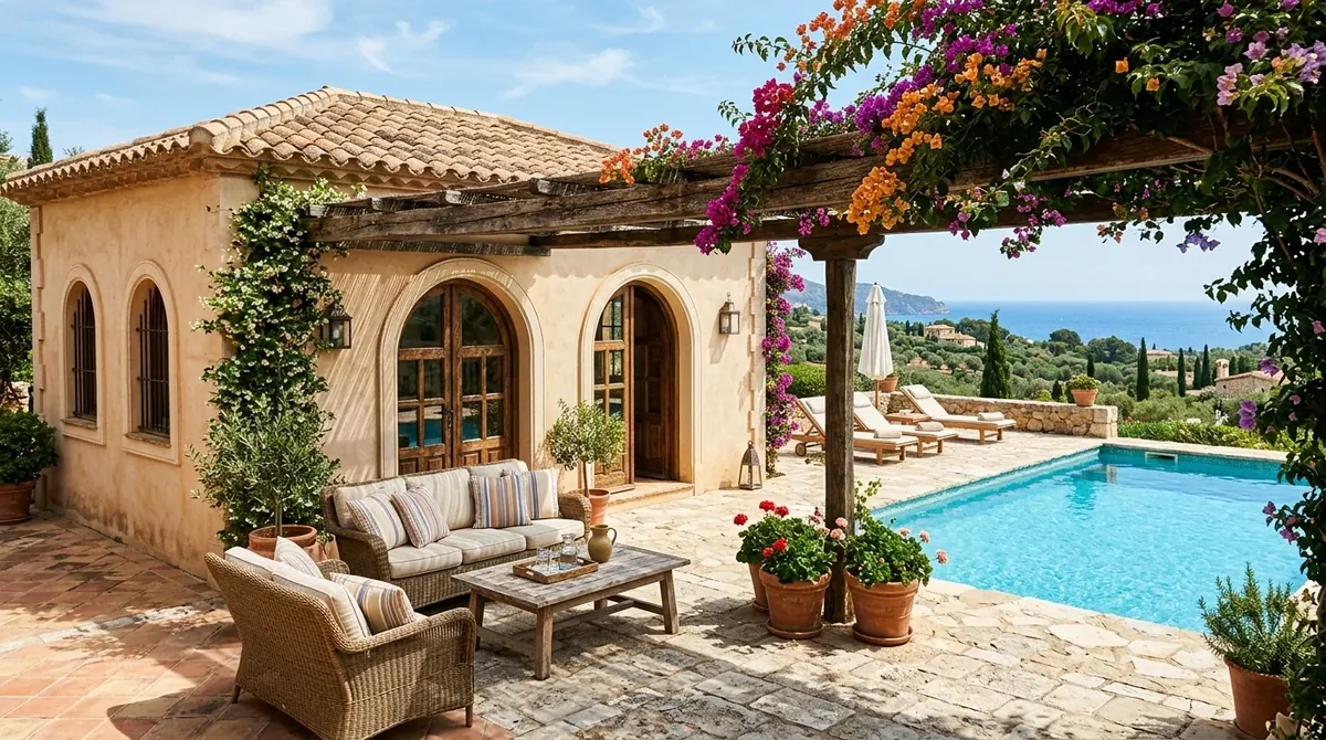 Mediterranean pool house with stucco, terracotta roof, arches, shaded courtyard, and sparkling pool view.