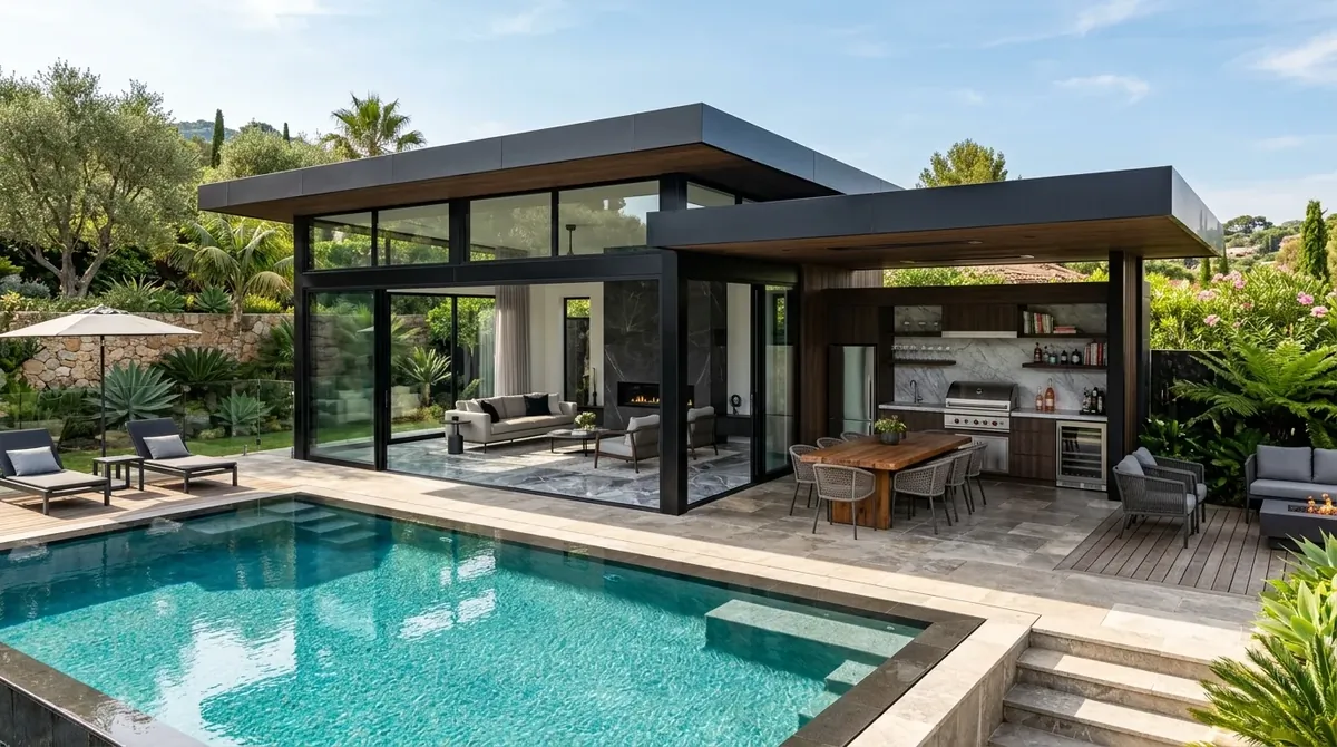 Contemporary pool house with flat roof, black-framed doors, marble floor, and outdoor kitchen.