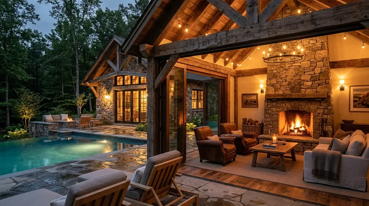 Rustic luxury pool house with reclaimed beams, stone exterior, fireplace lounge, and warm ambient light.