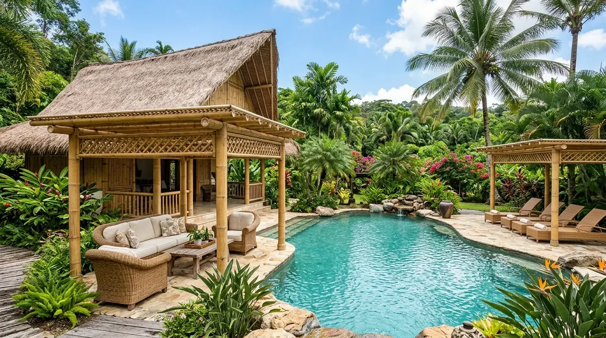 Tropical pool house with bamboo accents, thatched pergola, rattan furniture, and lush palms.
