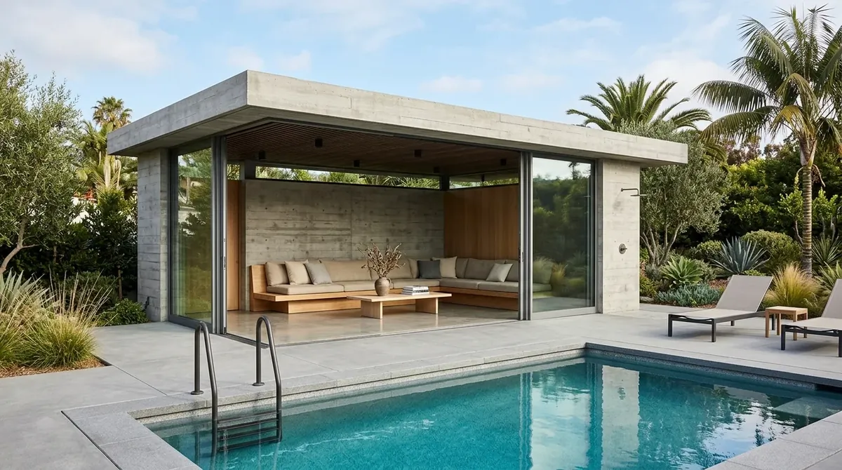 Minimalist pool house with concrete structure, neutral palette, sliding glass walls, and built-in bench.